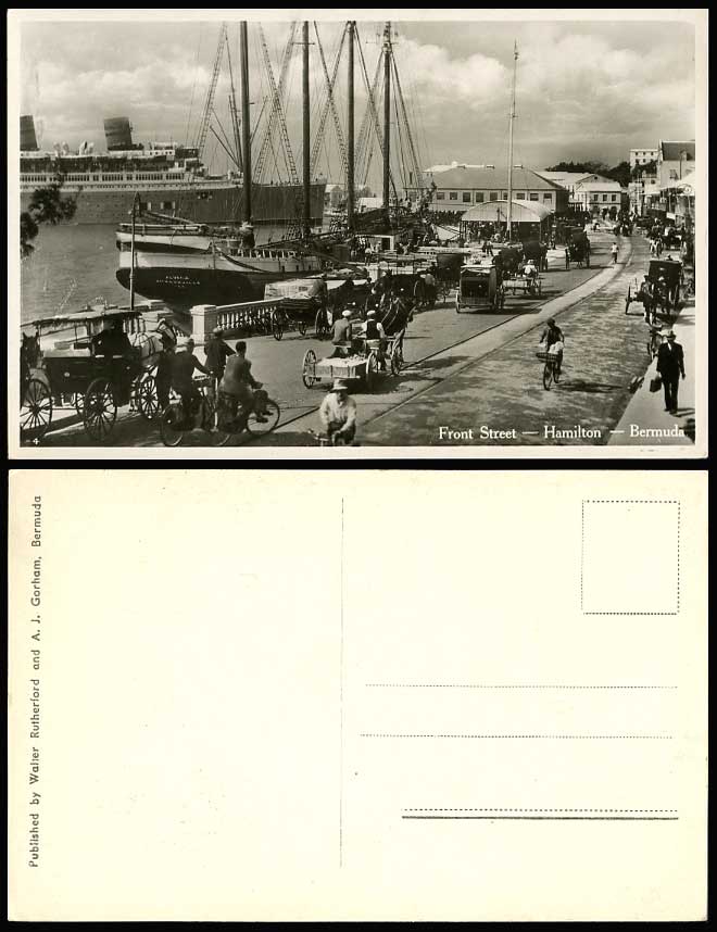 Bermuda Old Postcard FRONT STREET Scene HAMILTON Harbour Steamer Bicycle Cyclist