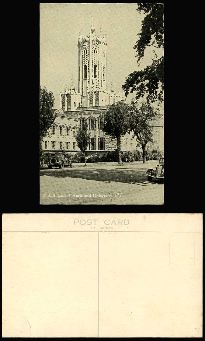 New Zealand Auckland University  Street Scene Clock Tower Motor Car Old Postcard