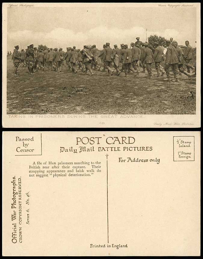 WW1 Old Postcard Taking in Prisoners of War POW, Great Advance Soldiers Marching