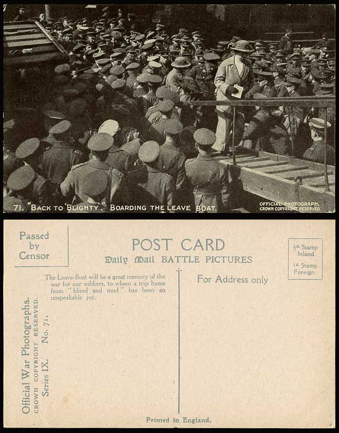 WW1 Daily Mail Censor Old Postcard BACK TO BLIGHTY Boarding Leave Boat, Soldiers