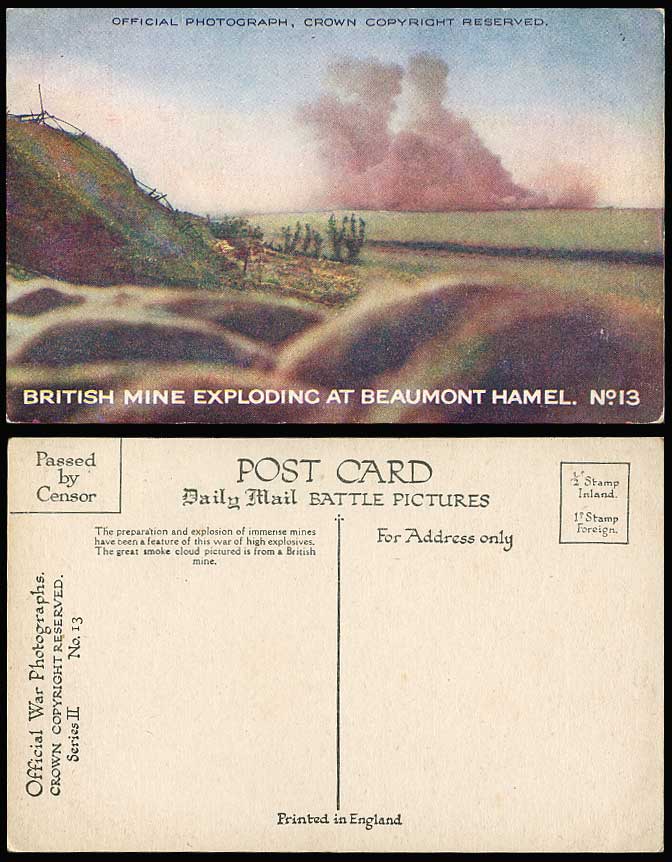 WW1 Old Postcard BRITISH MINE EXPLODING at BEAUMONT HAMEL Mines Explosion Smoke