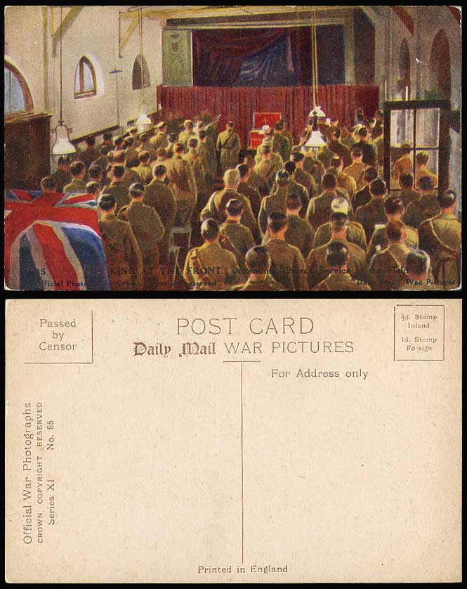 WW1 Old Postcard KING GEORGE V at THE FRONT Church Service in the Field Soldiers