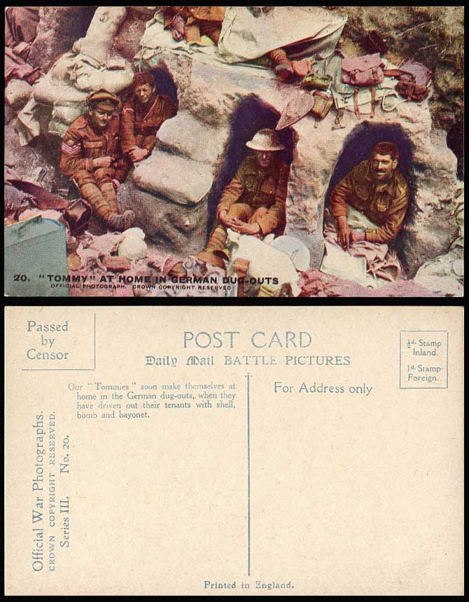 WW1 Passed Censor Old Postcard Soldiers TOMMY at Home in GERMAN DUG-OUTS Tommies