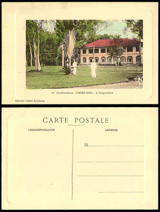 Indo-China Old Tinted Postcard Dogs BIEN-HOA Inspection Cochinchine Inspectorate