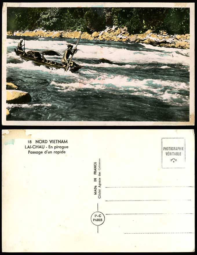 Vietnam Indo-China Old Postcard Lai-Chau, Rowing Boat Canoe, Shooting the Rapids