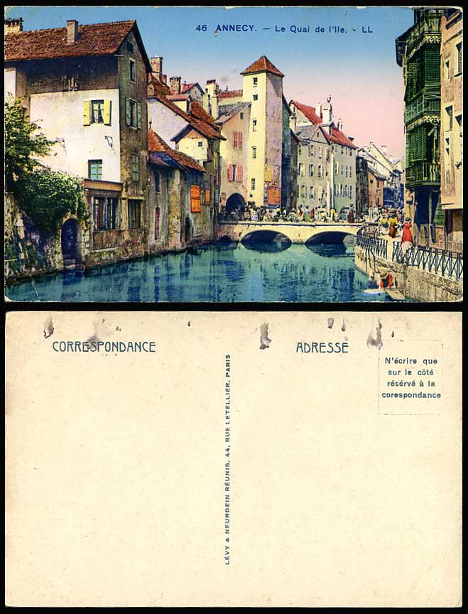 France ANNECY, Le Quai de l'lle Quay Bridge River Scene L.L. No. 46 Old Postcard