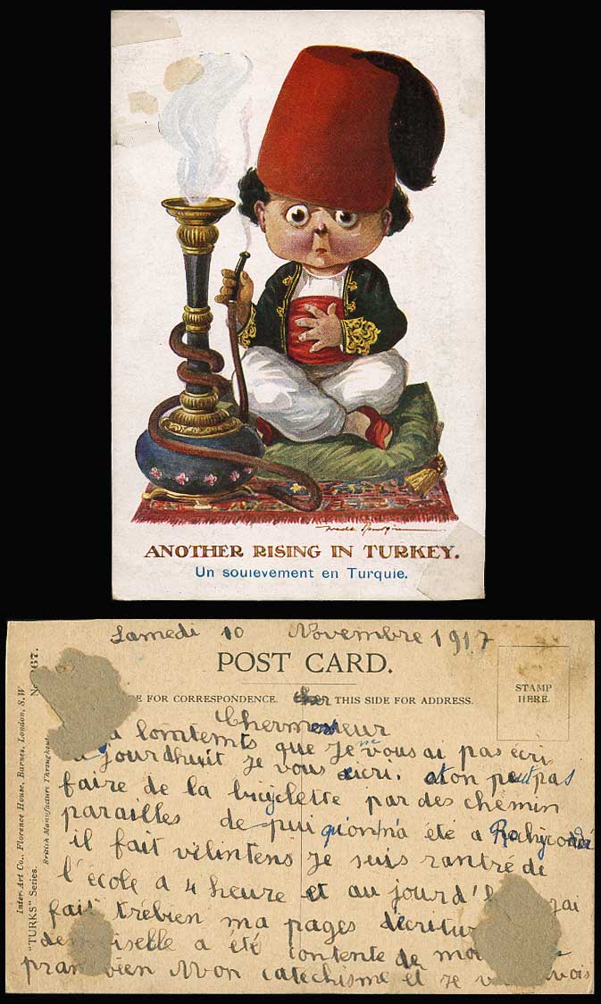 Shisha Hookah Another Rising in Turkey Turks Boy Artist Signed 1917 Old Postcard