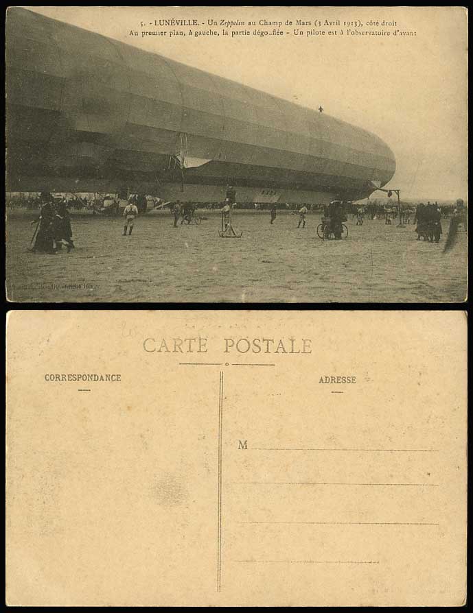 Zeppelin Luneville Champ de Mars 1913 Old Postcard German Airship Pilot Bicycles