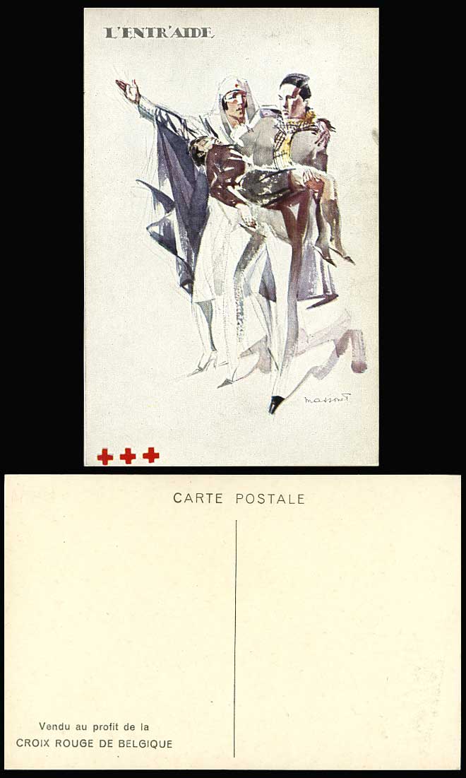 Red Cross Nurse Wounded Belgium L'Entra'aide Massonet Artist Signed Old Postcard