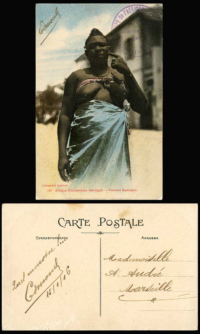 Senegal 1916 Old Colour Postcard Femme Bambara, Native Black Woman West Africa