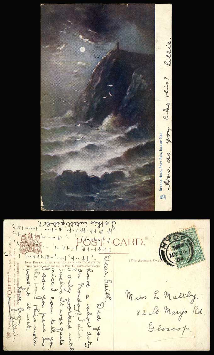 Isle of Man Bradda Head Port Erin Moonlight 1904 Old Tuck's Oilette Postcard ART