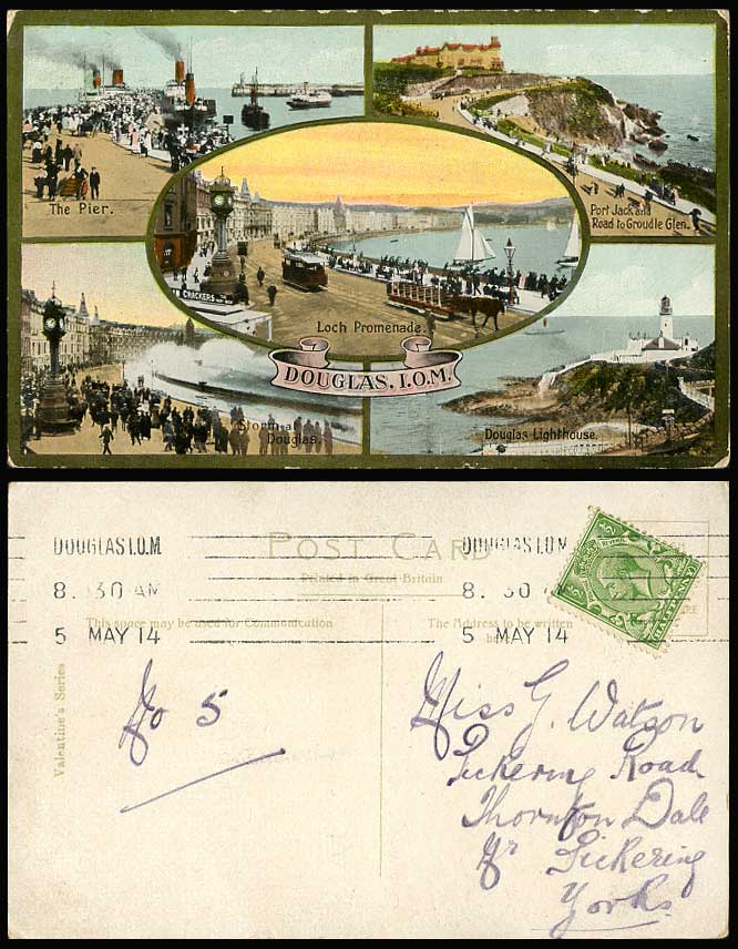 Isle of Man 1914 Old Postcard Douglas Lighthouse, Pier, Port Jack Loch Promenade