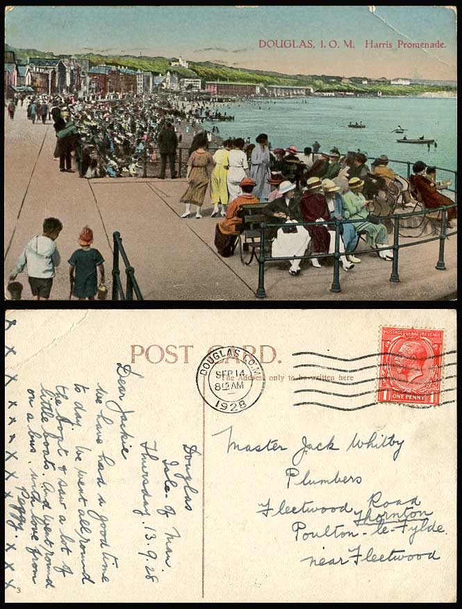 Isle of Man 1928 Old Postcard Harris Promenade, Douglas, Boats, Seaside Panorama