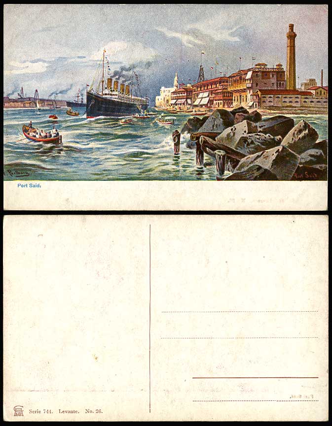 Egypt F. Perlberg Old Postcard PORT SAID Steamer Steam Ship Boats Lighthouse ART