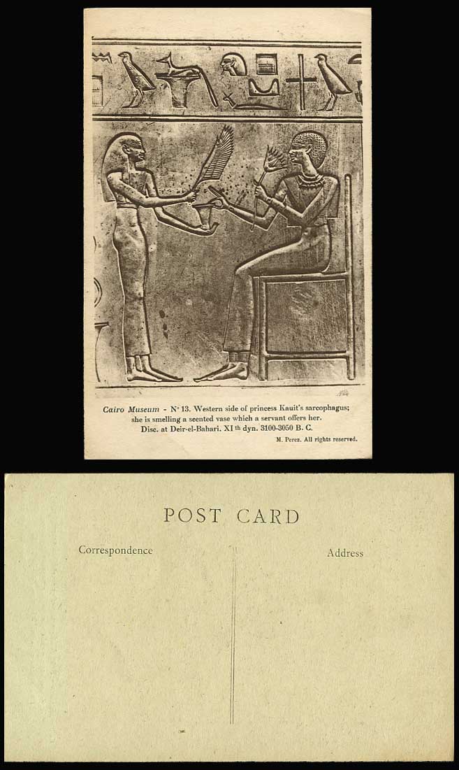 Egypt Old Postcard Cairo Museum Princess Kauit Sacrophagus Servant Offering Vase