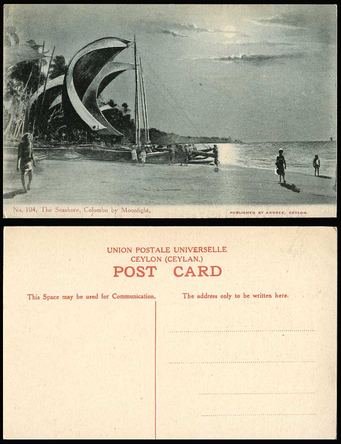 Ceylon Old Postcard The Seashore Beach Colomb by Moonlight Sailing Fishing Boats