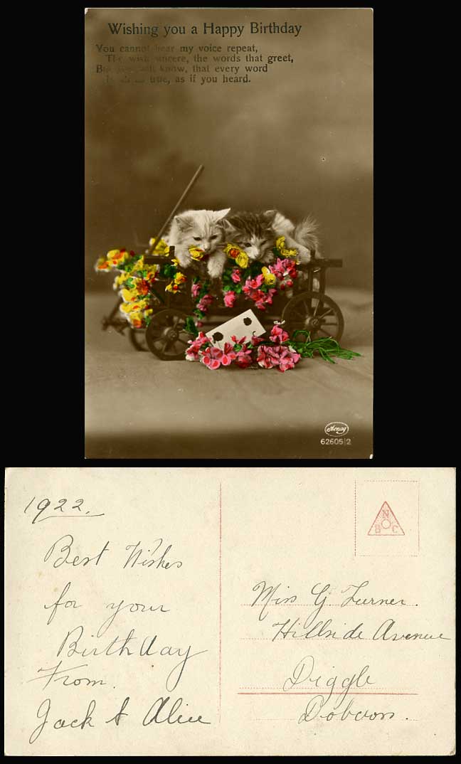 Cats Kittens Flowers Cart Letter with Wax Seals Happy Birthday 1922 Old Postcard