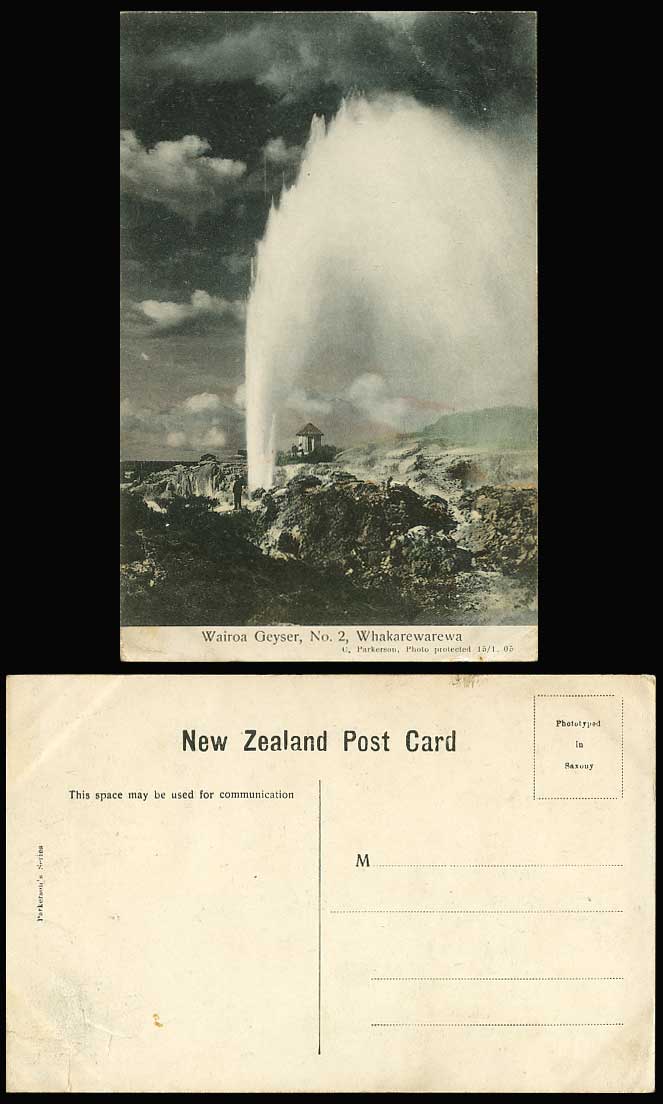 New Zealand Old Hand Tinted Postcard Wairoa Geyser Whakarewarewa Rotorua & a Hut