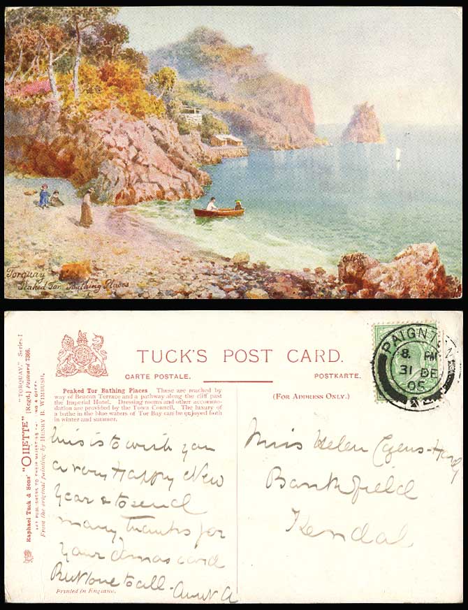 Torquay 1905 Old Tuck's Oilette Postcard Peaked Tor Bathing Places Rocks Tor Bay