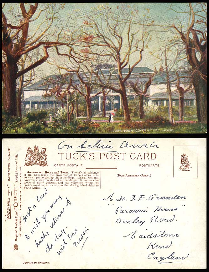 South Africa Old Tuck's Oilette Postcard Cape Town Government House Town, Garden