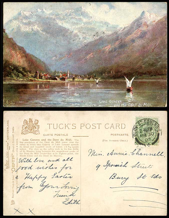 Switzerland 1907 Old Tuck's Oilette Postcard Lake Geneva & Dent du Midi Boats Mt