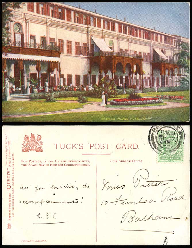 Egypt 1905 Old Tuck's Oilette Postcard Ghezireh Gezireh Palace Hotel Cairo Gdns.