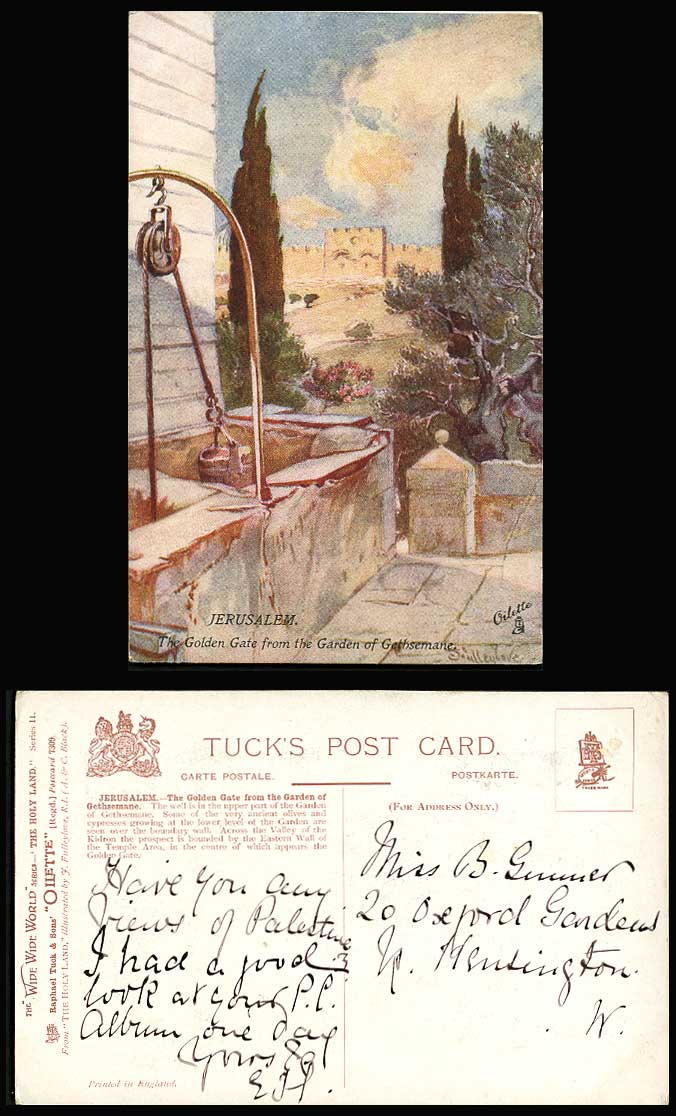 J Fulleylove Old Tuck's Oilette Postcard Jerusalem GOLDEN GATE GETHSEMANE GARDEN