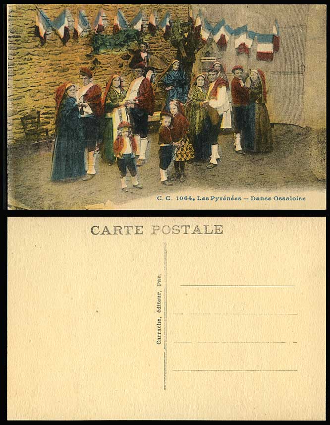 Les Pyrenees Danse Ossaloise Old Postcard Dancers Dancing Flags Women & Children