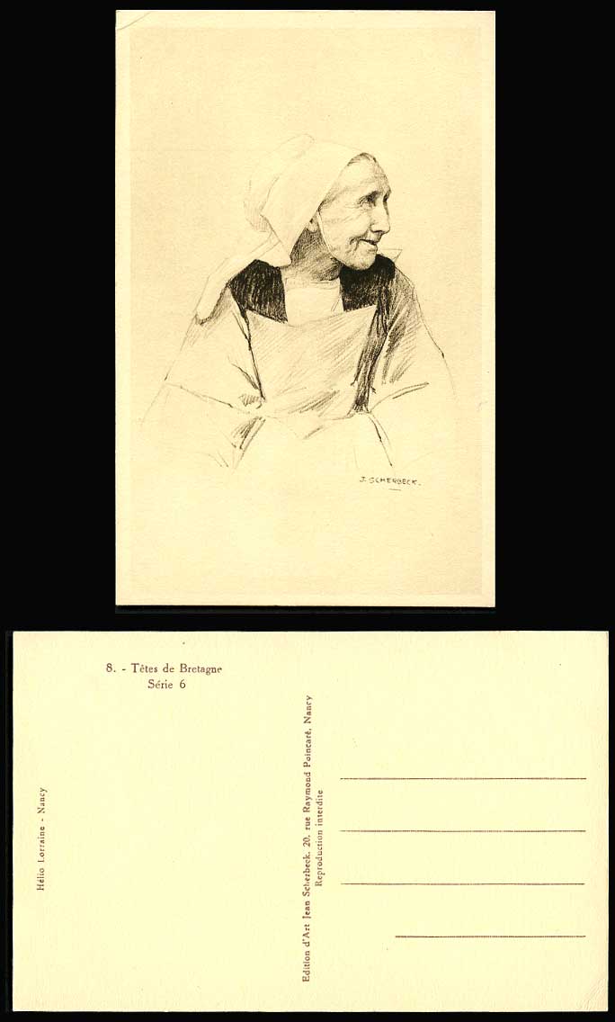J. Scherbeck Artist Signed Tetes de Bretagne Old Woman Smiling, Vintage Postcard