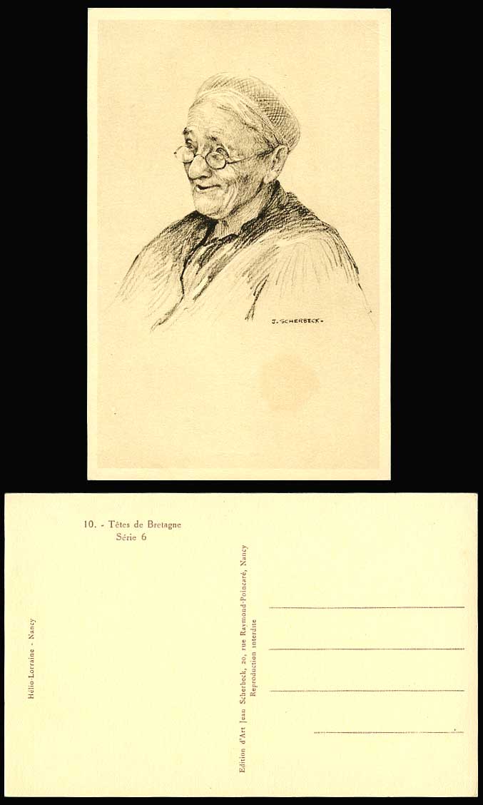 J. Scherbeck Artist Signed Tetes de Bretagne Old Man Spectacles Vintage Postcard