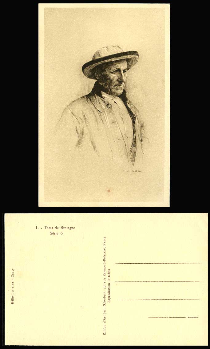 J. Scherbeck Artist Signed Tetes de Bretagne, Man wearing a Hat Old ART Postcard
