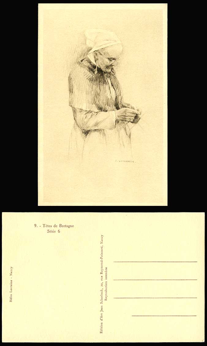 J. Scherbeck Artist Signed Tetes de Bretagne Old Woman Knitting Vintage Postcard