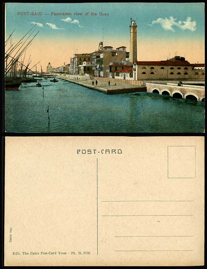 Egypt Old Colour Postcard PORT SAID Panoramic View of QUAY Lighthouse Boat Phare