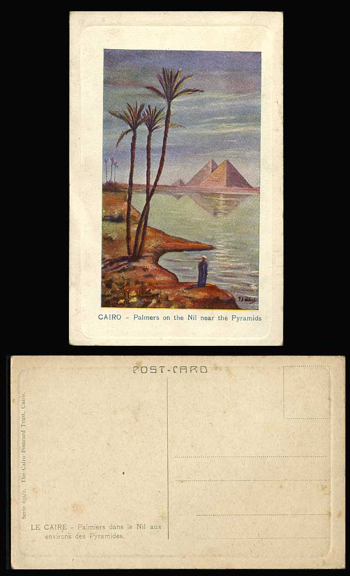 Egypt J.A. Midiads Artist Signed Old Postcard Cairo Palmers on Nil Nile Pyramids