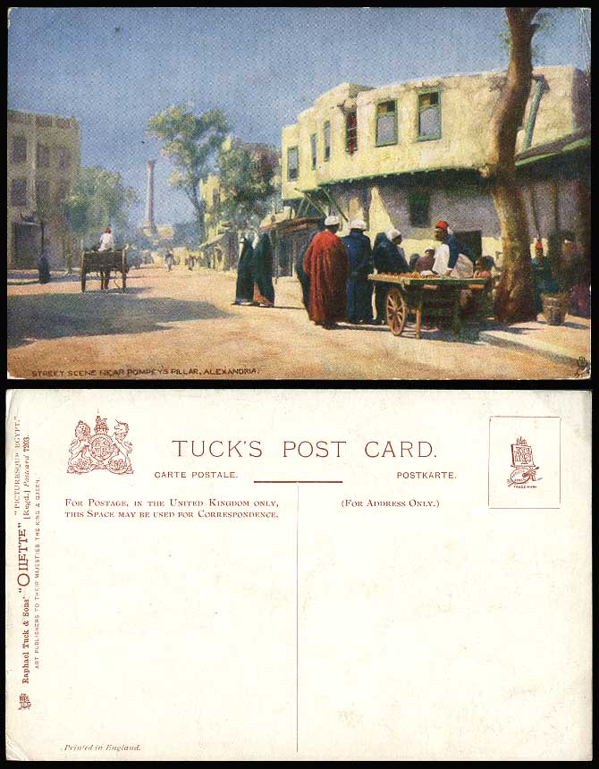 Egypt Old Tuck's Oilette Postcard Alexandria - Street Scene near Pompey's Pillar