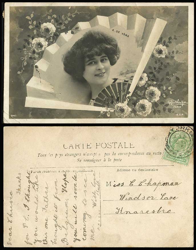 Actress with Smile E. De Vere Fan Flowers Paris SIP 1905 Old Real Photo Postcard