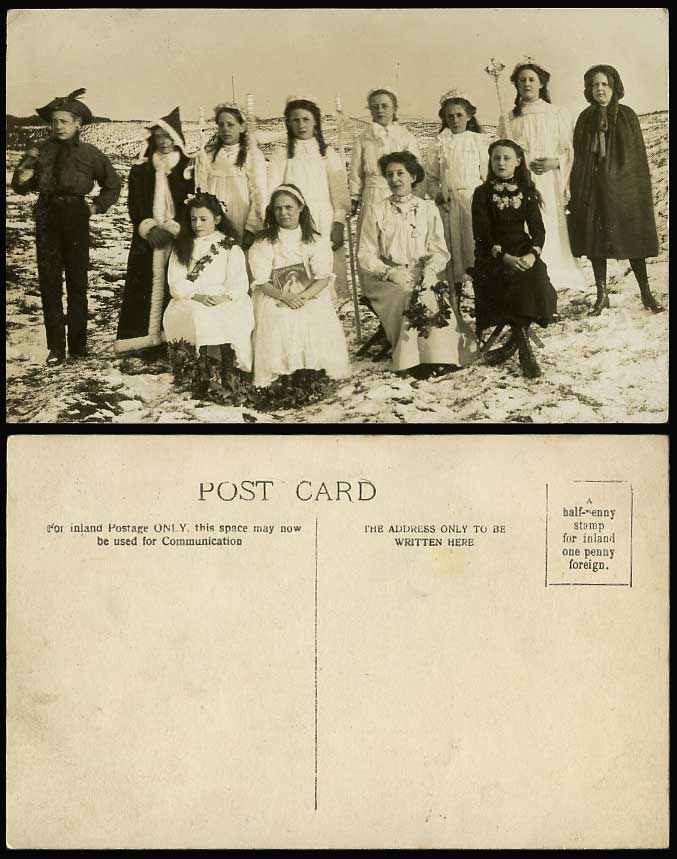 Group of Girls Women Actor Boy Costumes Snowy Ground Old Real Photo Postcard