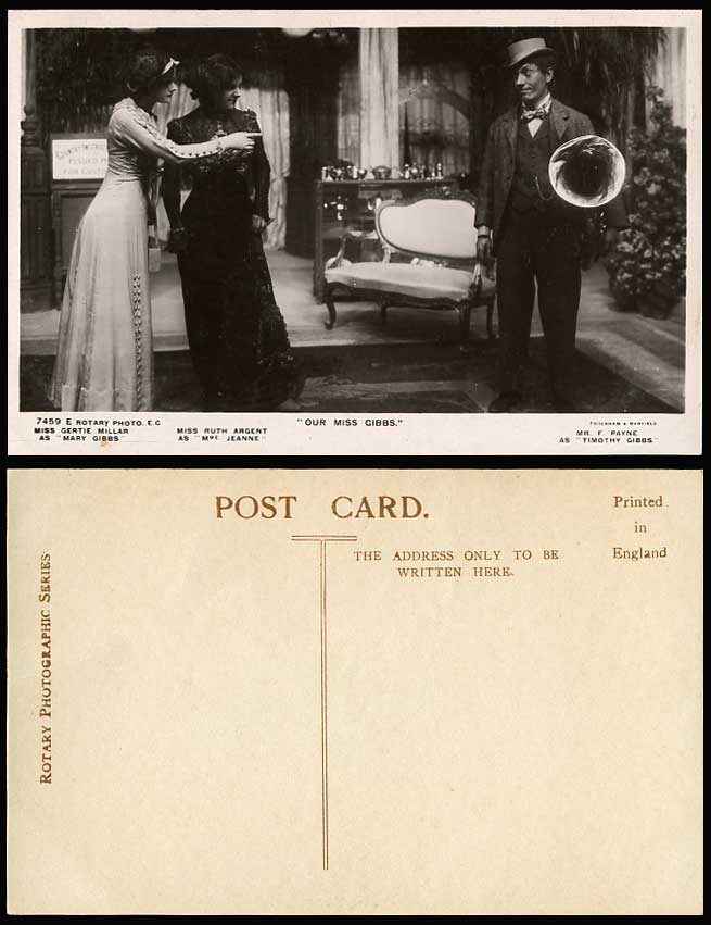 Actor F. Payne Actress Gertie Millar, Ruth Argent Our Miss Gibbs Old RP Postcard