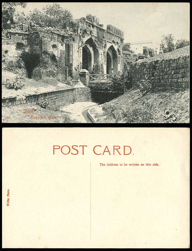 India Old Postcard Kashmir Gate Delhi Cashmere Gates Guard & Man on Bridge River