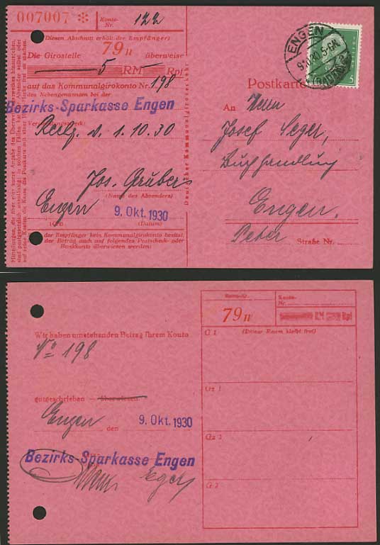 Germany 1930 BANK STATEMENT Card Engen HINDENBURG 5pf