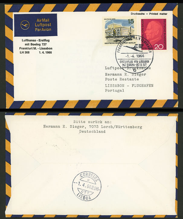 Germany Portugal 1966 LUFTHANSA 368 First Flight Cover