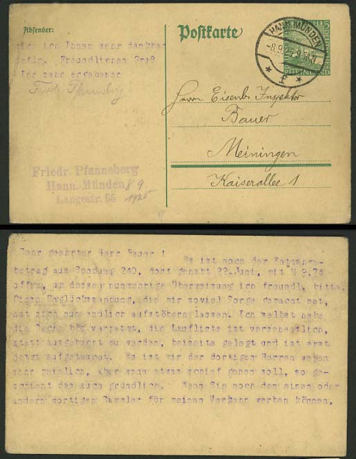 Germany 1925 P. Stationery Card MEININGEN Hann. Muenden
