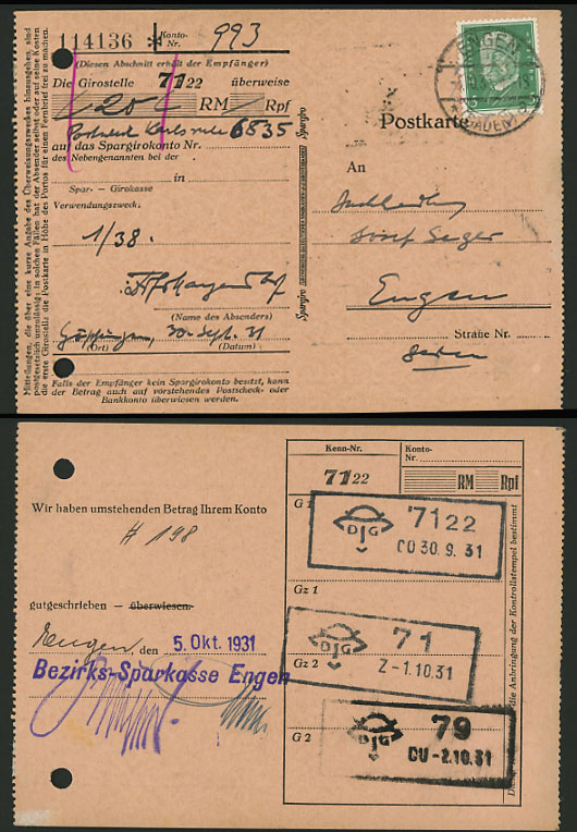 Germany 1931 BANK Card HINDENBURG ENGEN Goettingen