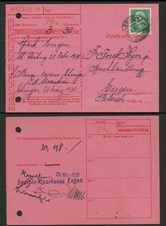 Germany 1930 Card ENGEN Baden HINDENBURG Stamp 5pf Used