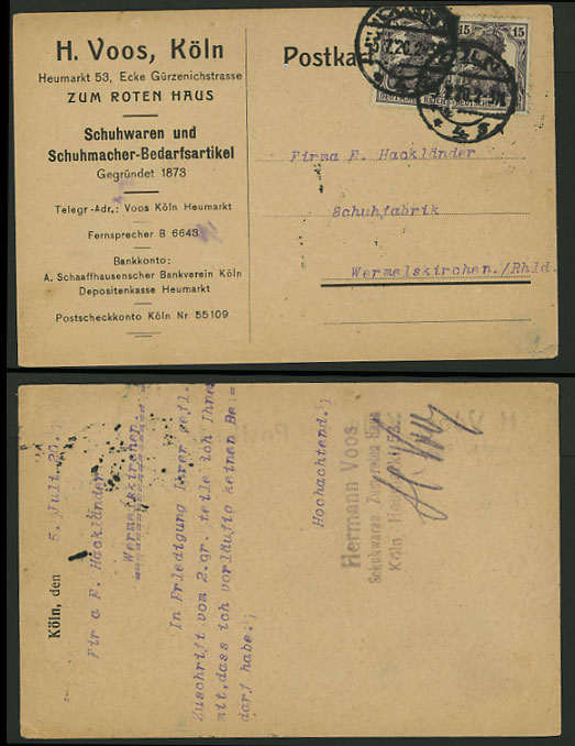 H Voos Cologne zum Rotten Haus 1920 Postcard 15pf x 2
