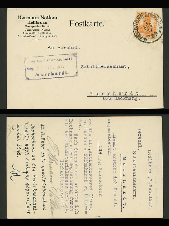 Hermann Natham Heibronn 1917 Postcard 7 1/2pf Murrhardt