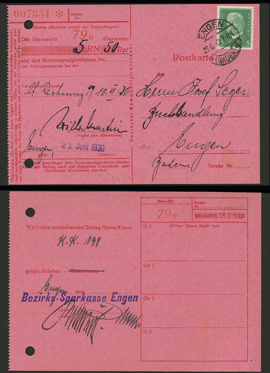 ENGEN Bezirks Sparkasse 5pf on 1930 Card BANK STATEMENT