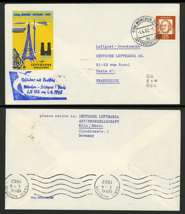 EIFFEL TOWER - Munich Stuttgart PARIS 1962 LUFTHANSA First Flight Cover Envelope