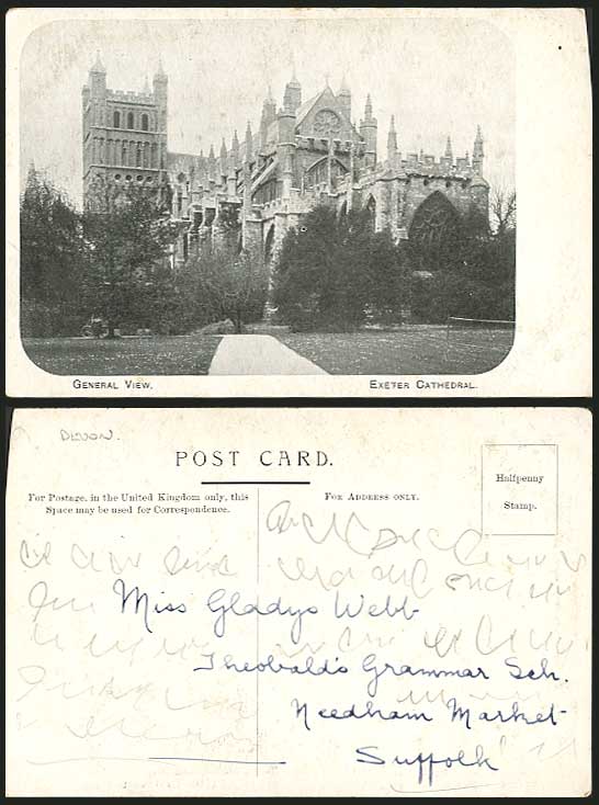 Devon Old B/W Postcard - EXETER CATHEDRAL General View