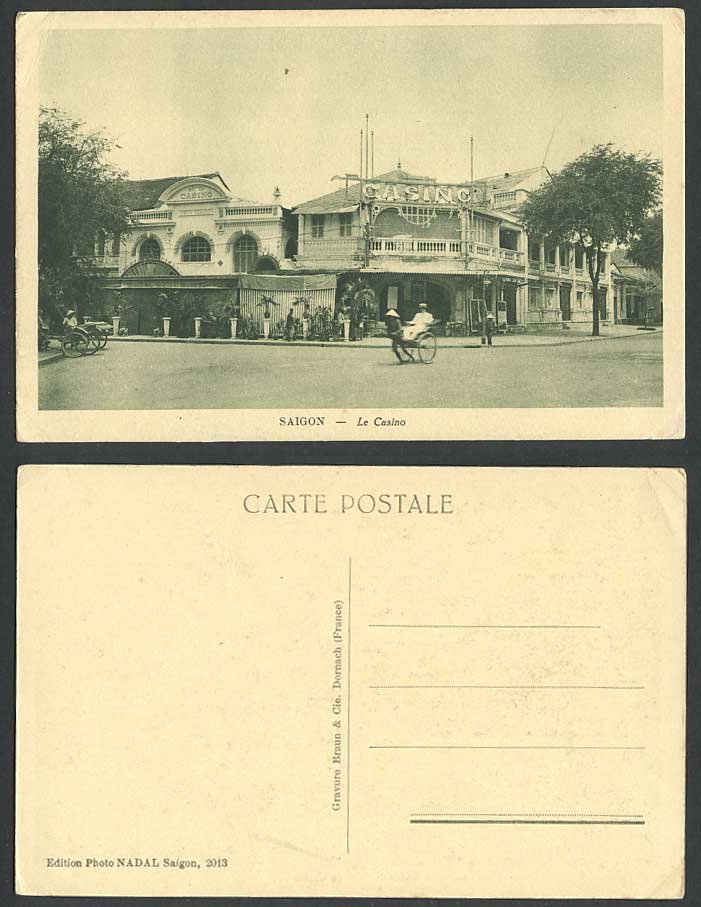 Indo-China Old Postcard Saigon Hotel Casino, Rickshaw Native Coolie Street Scene